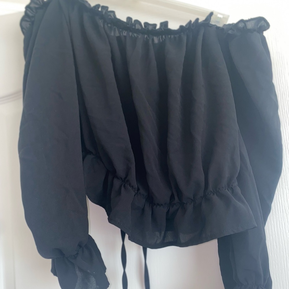 SHEIN Frenchy Plus Off Shoulder Frill Trim Knot Front Flounce Sleeve Blouse - Picture 3 of 4